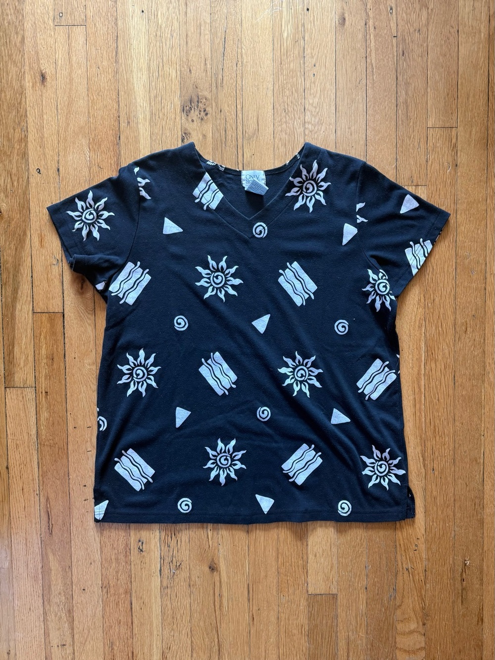 Only Necessities Black Short Sleeve V-Neck Tee with White Sun & Geometric Prints
